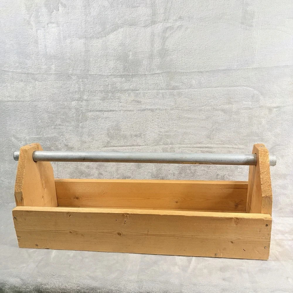 Rustic Handmade Wooden Tool Caddy Tote w/ Metal Pipe Handle Primitive Industrial